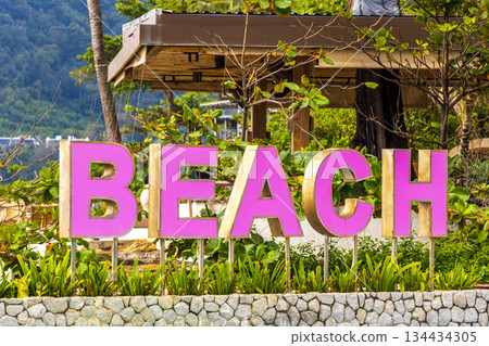Pink Patong Beach lettering name welcome city sign in Thailand. 134434305