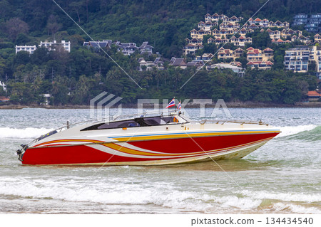 Speed boat yacht boats turquoise blue water Patong Beach Thailand. Speed boat yacht boats turquoise blue water Patong Beach Thailand. 134434540