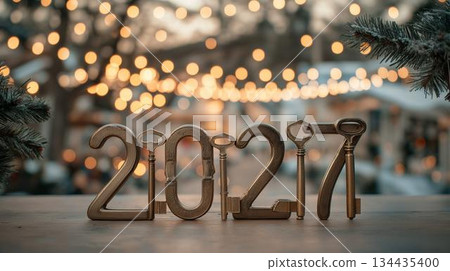 Unique display of 2027 with vintage keys against a blurred background of festive lights in a market setting new year, real estate realtor 134435400