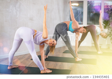 Sportive focused sports women standing in Parivrtta Trikonasana or Revolved Triangle Pose on mats during group yoga training in fitness center 134435401