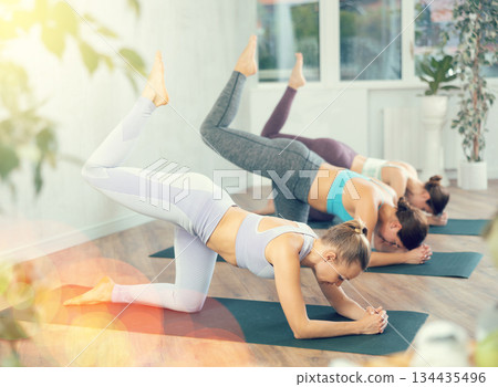 Three women doing fitness in fitness studio Three women doing fitness in fitness studio 134435496