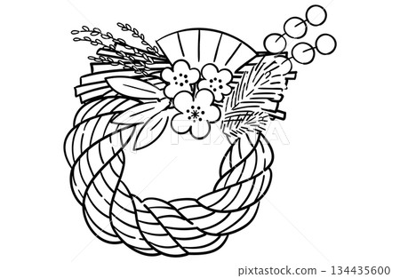 松樹、竹子和梅花注連繩（花環裝飾）的線條畫插圖 134435600