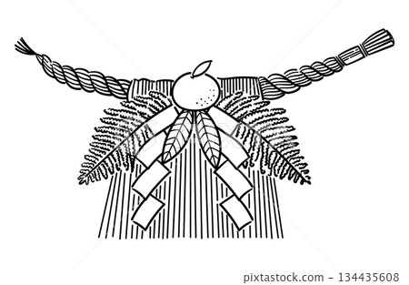 Illustration of a shimenawa (Daikokujime) (line drawing, white background) Illustration of a shimenawa (Daikokujime) (line drawing, white background) 134435608