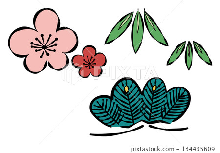 Illustration of a pine, bamboo, and plum shimenawa (wreath decoration) 134435609