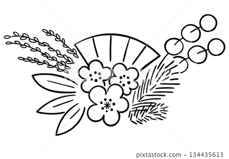 新年裝飾品的線條畫插圖(松樹、竹子、梅花、扇子、稻米、紅白年糕花) 新年裝飾品的線條畫插圖(松樹、竹子、梅花、扇子、稻米、紅白年糕花) 134435613