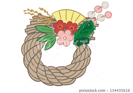 Illustration of a pine, bamboo, and plum shimenawa (wreath decoration) 134435616
