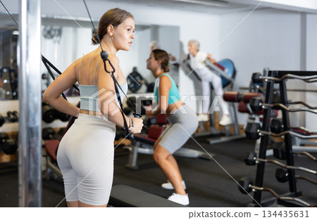 Active athlete young woman during exercises on crossover exercise machine with loops and weighting Active athlete young woman during exercises on crossover exercise machine with loops and weighting 134435631