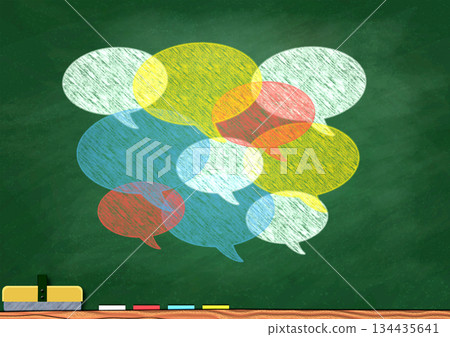 Colorful speech bubbles drawn in chalk on a blackboard Colorful speech bubbles drawn in chalk on a blackboard 134435641