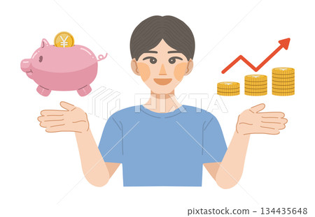 Illustration of a man smiling as his savings increase 134435648