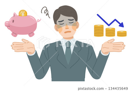 插圖描繪了一位身穿西裝的男士，他正苦於增加儲蓄。 134435649