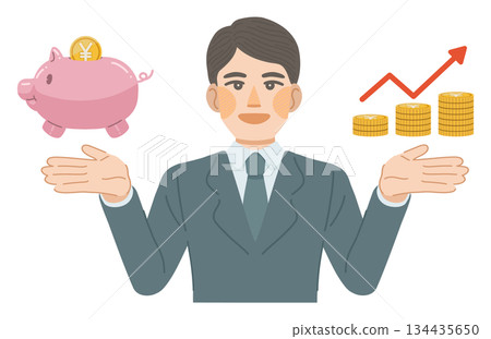 An illustration of a man in a suit smiling as his savings increase 134435650