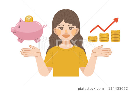 Illustration of a woman smiling as her savings increase Illustration of a woman smiling as her savings increase 134435652