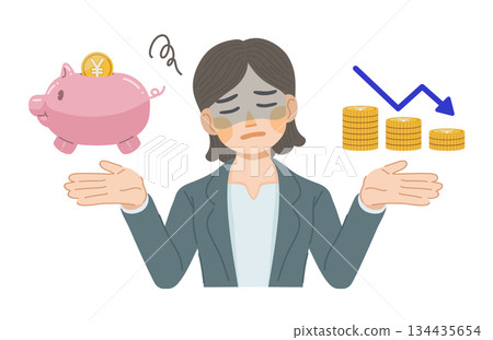 Illustration of a woman in a suit who is having trouble increasing her savings 134435654