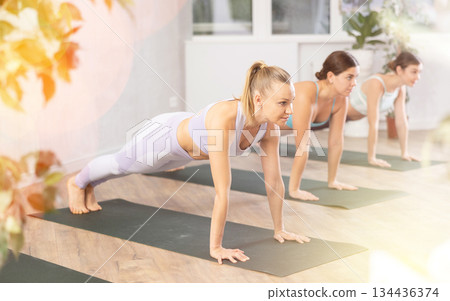 Three women doing fitness in fitness studio Three women doing fitness in fitness studio 134436374