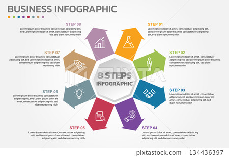 Visual data presentation. Cycle diagram with 8 options. Pie Chart Circle infographic template with 8 steps, options, parts, segments. Business concept. Marketing infographic vector illustration. Visual data presentation. Cycle diagram with 8 options. Pie Chart Circle infographic template with 8 steps, options, parts, segments. Business concept. Marketing infographic vector illustration. 134436397