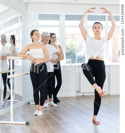 Visitors to choreographic class, observe professional rendering of dance elements performances couch Visitors to choreographic class, observe professional rendering of dance elements performances couch 134436406