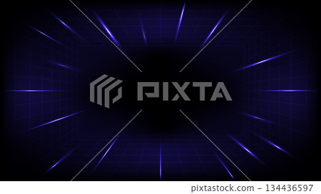 A futuristic or retro 80s style background with a deep blue glowing neon perspective grid 134436597
