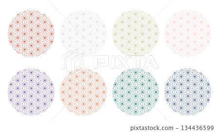 Collection of eight circular Asanoha patterns in various pastel and bold colors Collection of eight circular Asanoha patterns in various pastel and bold colors 134436599