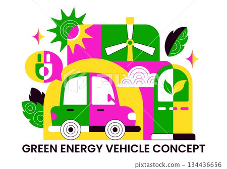Green Energy Vehicle Vector Illustration Featuring Electrical Power, Environmental Conservation, Electric Transportation, and Sustainable Resources Green Energy Vehicle Vector Illustration Featuring Electrical Power, Environmental Conservation, Electric Transportation, and Sustainable Resources 134436656