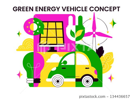 Green Energy Vehicle Vector Illustration Featuring Electrical Power, Environmental Conservation, Electric Transportation, and Sustainable Resources 134436657