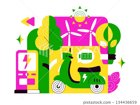 Green Energy Vehicle Vector Illustration Featuring Electrical Power, Environmental Conservation, Electric Transportation, and Sustainable Resources Green Energy Vehicle Vector Illustration Featuring Electrical Power, Environmental Conservation, Electric Transportation, and Sustainable Resources 134436659