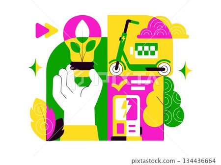 Green Energy Vehicle Vector Illustration Featuring Electrical Power, Environmental Conservation, Electric Transportation, and Sustainable Resources 134436664