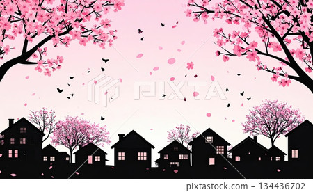 人工智慧圖像：春天的住宅區，櫻花花瓣飄落 134436702