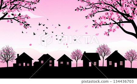 人工智慧圖像：春天的住宅區，櫻花花瓣飄落 134436703