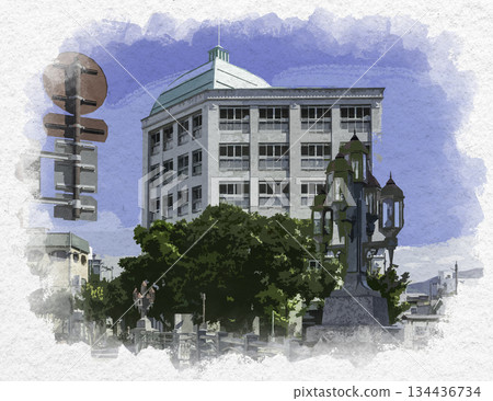 水彩風格,松本,原松本市政府所在地“松本市上戶住宅區”,長野縣松本市 水彩風格,松本,原松本市政府所在地“松本市上戶住宅區”,長野縣松本市 134436734