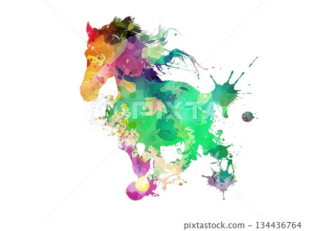Colorful watercolor illustration of a galloping horse 134436764