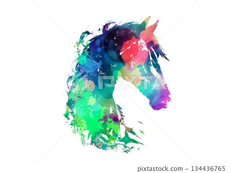 Colorful watercolor illustration of a galloping horse 134436765
