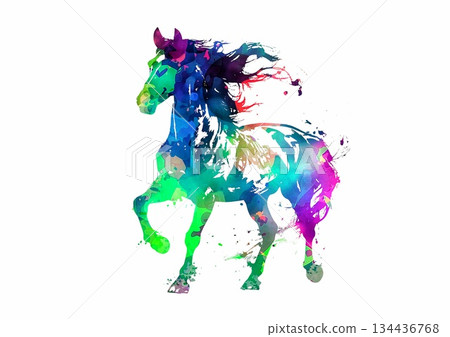 色彩鮮豔的水彩插畫,描繪了一匹奔騰的駿馬。 色彩鮮豔的水彩插畫,描繪了一匹奔騰的駿馬。 134436768