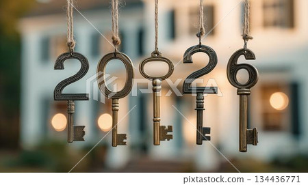 Old keys hanging on strings mark the years 2026 outside a charming house during the evening light, real estate, purchase 134436771