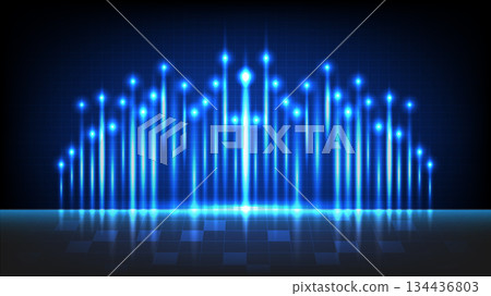 Glowing Blue Neon Light Bars with Futuristic Grid Background 134436803