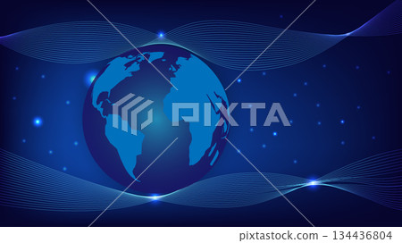 Futuristic Global Network with Blue Wave Lines on Dark Background 134436804