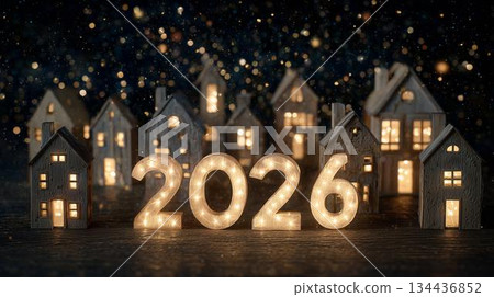 Illuminated houses and 2026 sign create a festive atmosphere during winter nights 134436852