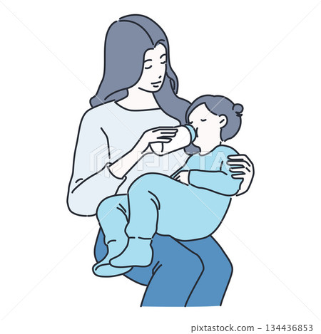 woman feeding a baby with a bottle line illustration 134436853
