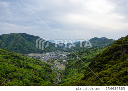 Shodoshima town overlooked from Kankakei Gorge surrounded by greenery 134436863