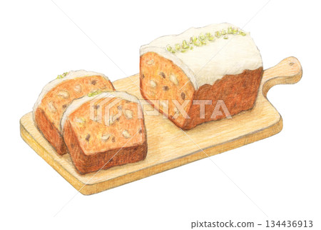 Carrot cake with walnuts and raisins - watercolor pencil illustration 134436913