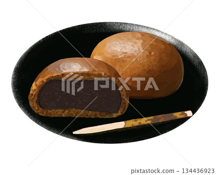 Tea manju (1 piece and cross section) with plate 134436923