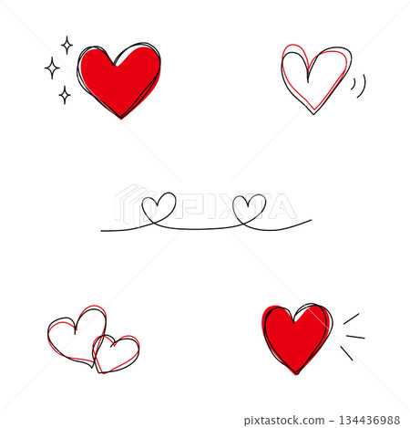 Hand-drawn heart line drawing and colored decorative illustration set 134436988