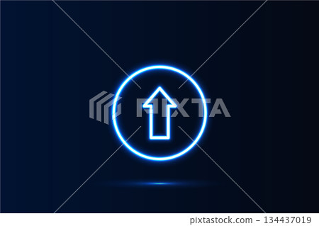 Bright glowing neon outline of an upward pointing arrow inside a circle on a deep dark blue  134437019