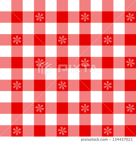 Seamless red gingham check pattern decorated with small white snowflakes for festive and holiday 134437021