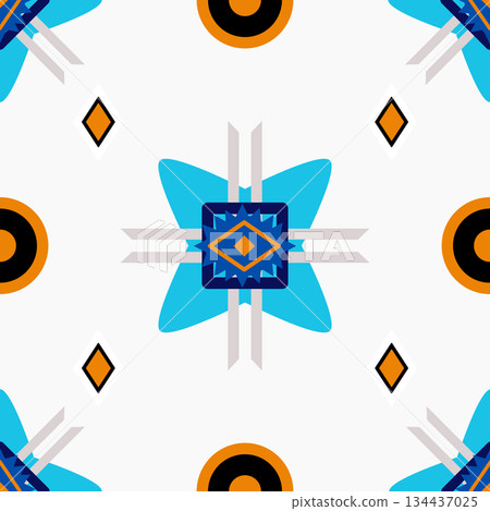 Bold geometric ethnic seamless pattern with vibrant blue, orange and black shapes, Bold geometric ethnic seamless pattern with vibrant blue, orange and black shapes, 134437025