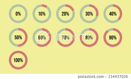 Set of colorful circular progress icons from 0 to 100%, featuring green and red segments 134437026