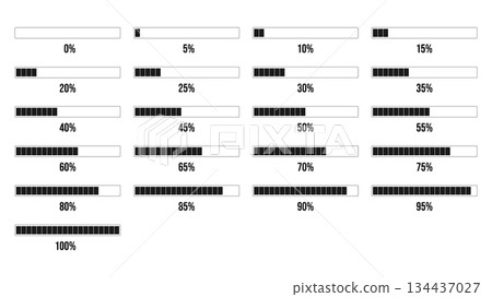 Collection of black and white loading bar diagrams showing progress from 0 to 100% Collection of black and white loading bar diagrams showing progress from 0 to 100% 134437027