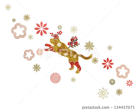 Flowers and Japanese pattern tiger Flowers and Japanese pattern tiger 134437071