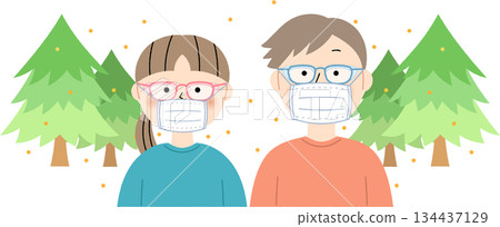 Cedar trees that release pollen and men and women wearing glasses and masks 134437129