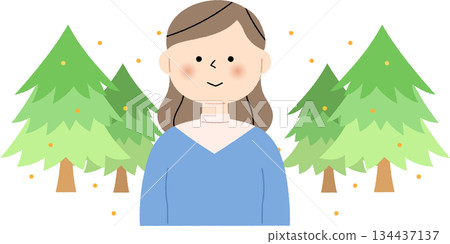 雪松樹散落花粉，一位面帶微笑的女子 134437137