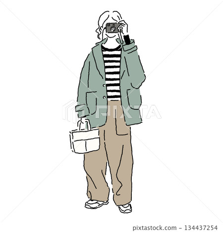 A woman holding a camera. Casual fashion color illustration of a big silhouette coat and wide pants. 134437254